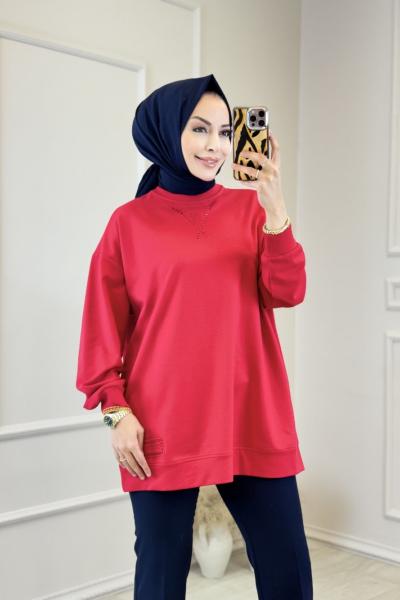 38045 Taş Ve Nakış Detaylı Sweat Shirt Kırmızı