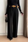 3855 Geniş Köprü Detaylı Kemerli Pantolon Siyah