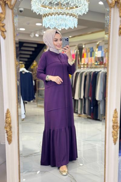 3947 Nervürlü Kristal elbise Mürdüm