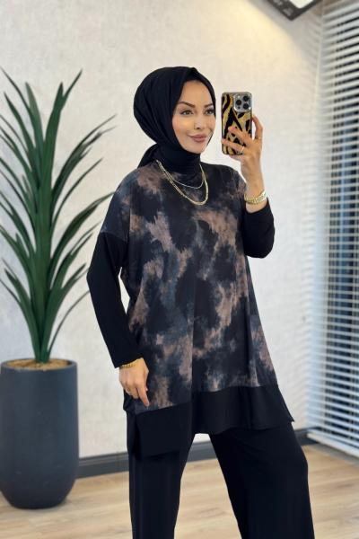 4004 Üst Batik Desenli Bluz Takım Siyah