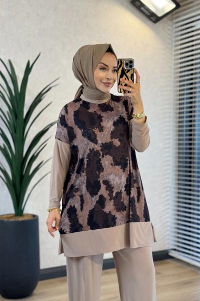 4004 Üst Batik Desenli Bluz Takım Bej