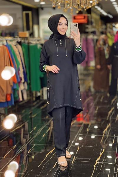 4009 Keten Patı 2 Düğme Kapşonlu Takım Siyah