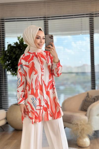 4016-9 Ege Büyük Çiçekli Tunik Ekru Kiremit