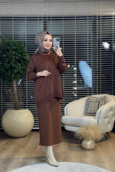 40408 Kolu Katlamalı Sıfır Yaka Triko Tunik Kahve