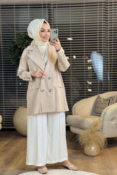 406 Kolu Düğmeli Ceket Bej