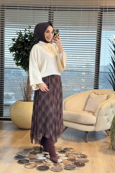 4073 Eteği Şifon Desenli Takım Bej Kahve