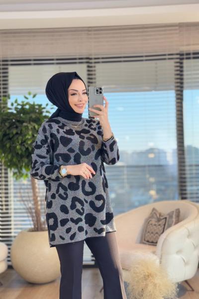 40738 Kendinden Sim Desenli Triko Tunik Siyah