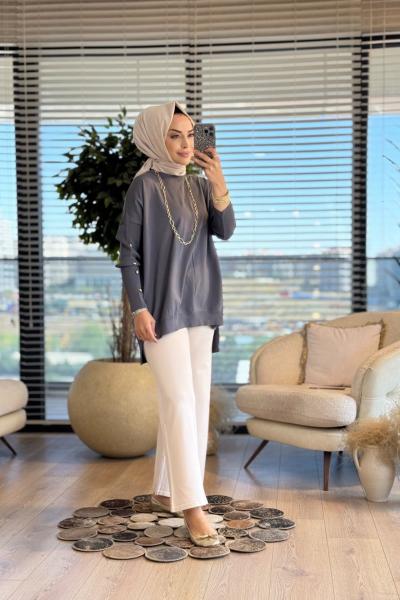 40741 Kolu Gold Düğmeli Triko Tunik Füme