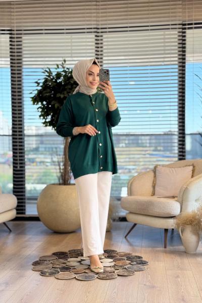 40969 Gold Düğmeli Hırka Zümrüt