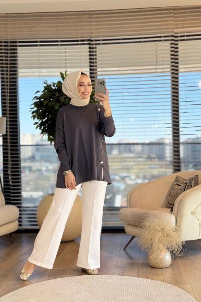 40986 Gold Düğme Detaylı Tunik Füme