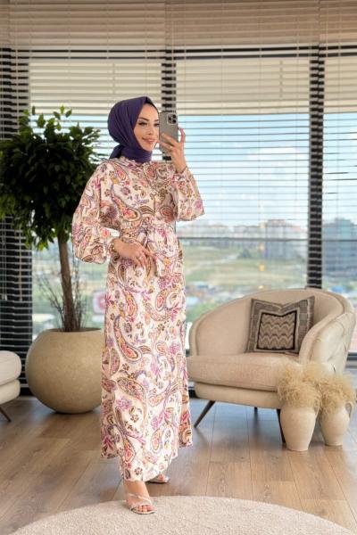 4135 Düşük Omuz Patlı Desenli Elbise Ekru Lila