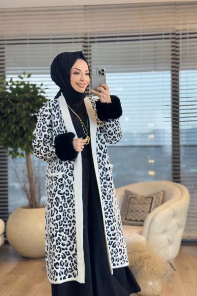 4143 Angora Leopar Desen Uzun Hırka Ekru Siyah