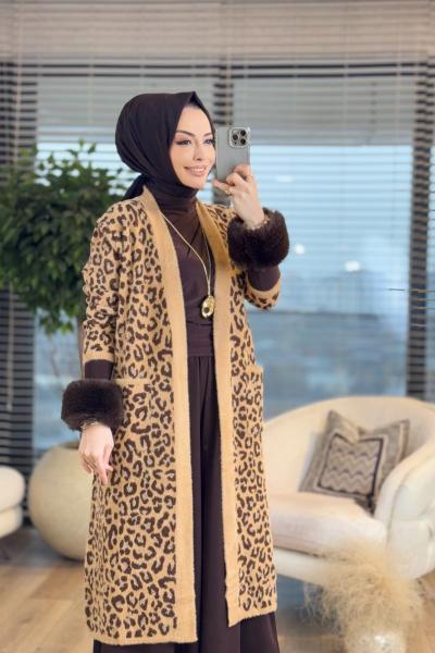 4143 Angora Leopar Desen Uzun Hırka Latte