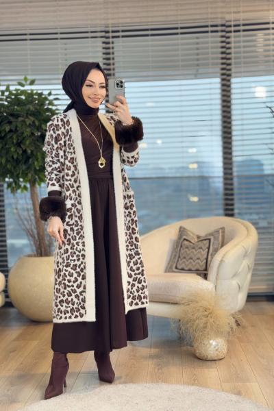 4143 Angora Leopar Desen Uzun Hırka Bej Kahve