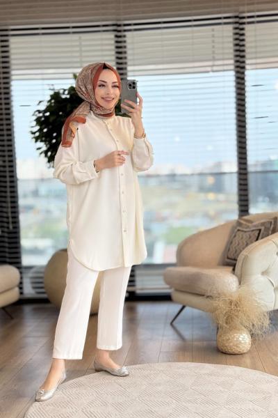 4148 Life Kendinden Jakarlı Gömlek Ekru