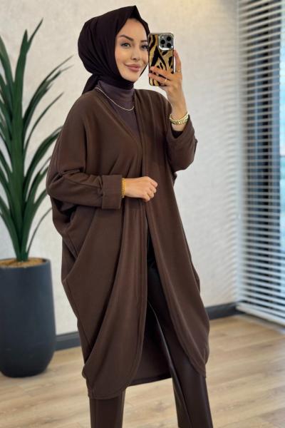 4199 Fitilli Oval Yarasa Hırka Kahve