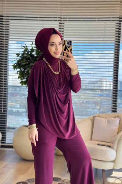 4201 Omzu Pileli Önü Dökümlü Sandy Takım Mürdüm