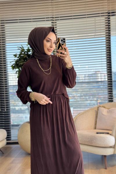 4209 Manolya Kraşlı Etekli Takım Kahve