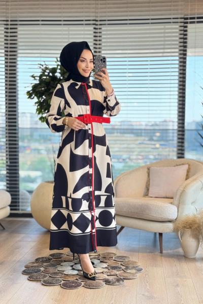 42161 Karışık Oval Desenli Elbise Ekru Siyah