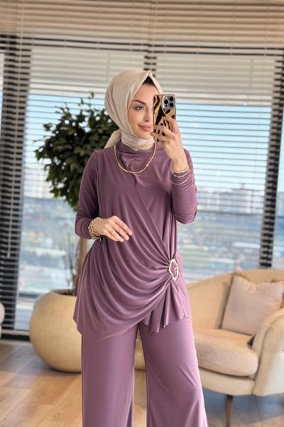 4225 Yanı Toka Büzgülü Pantolonlu Takım Gül
