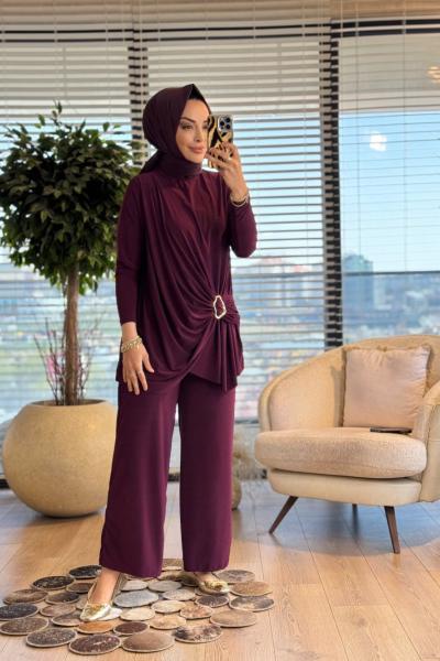 4225 Yanı Toka Büzgülü Pantolonlu Takım Bordo