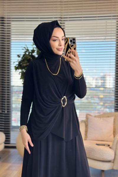 4226 Yanı Toka Büzgülü Etekli Takım Siyah