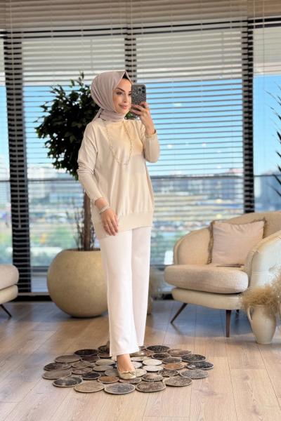 44016 Manşeti Çıtçıtlı Triko Tunik Bej