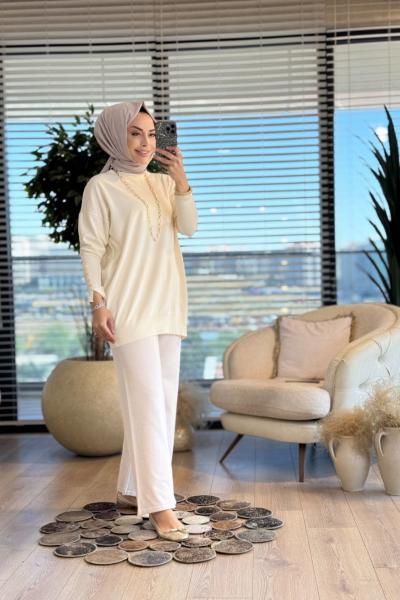 44016 Manşeti Çıtçıtlı Triko Tunik Ekru