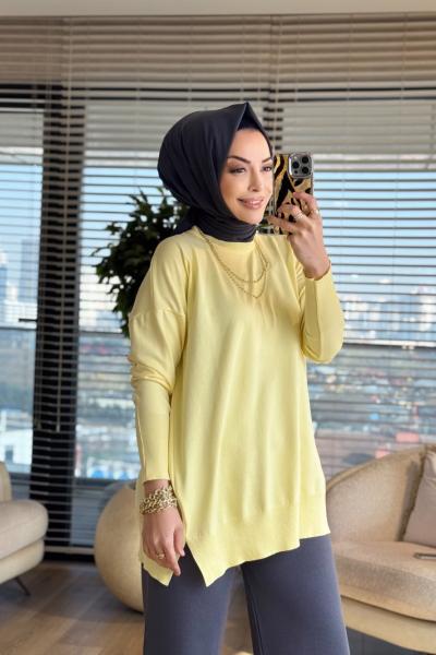 44016 Manşeti Çıtçıtlı Triko Tunik Sarı