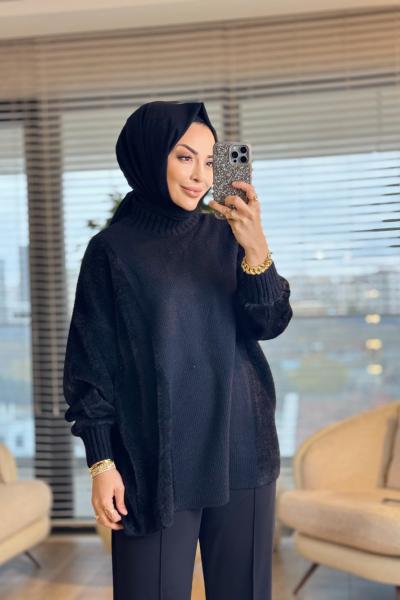 44101 Yanları Ve Kolu Saçak Triko Tunik Siyah