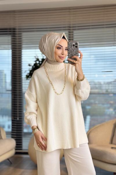 44101 Yanları Ve Kolu Saçak Triko Tunik Ekru