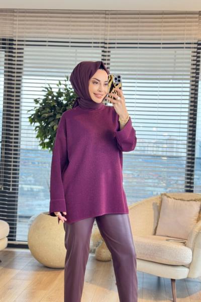 44186 Kolları Katlamalı Simli Triko Tunik Bordo