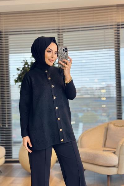 44191 Sim Baklavalı Desen Hırka Siyah
