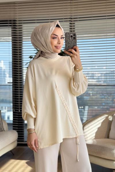 44199 Önü Büzgülü Triko Tunik Ekru