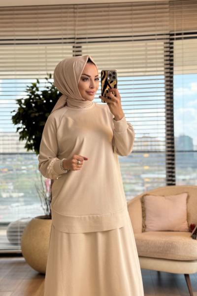 4425 Yarasa Kol Etekli Oysho Takım Ekru