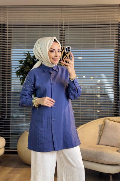 4442 Omuzları Taş ve Boncuk Detaylı Tunik İndigo