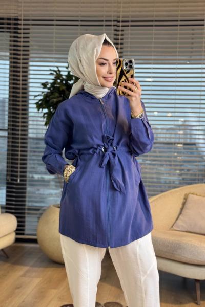 4452 Tencel Beli Bağcıklı Kapşonlu Kap İndigo