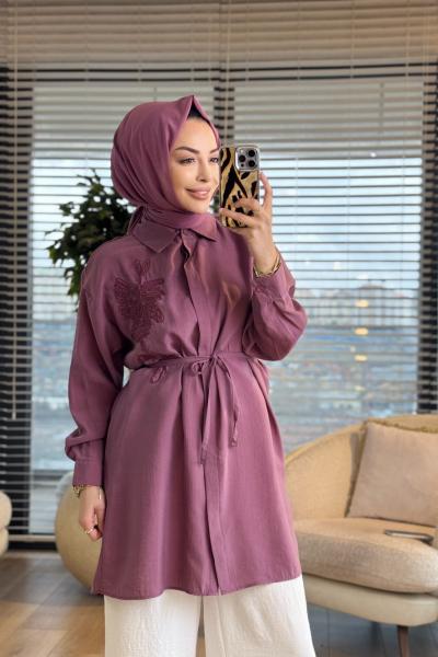 4471 Sol Göğüs Kordon Çiçek Nakışlı Gömlek Mürdüm