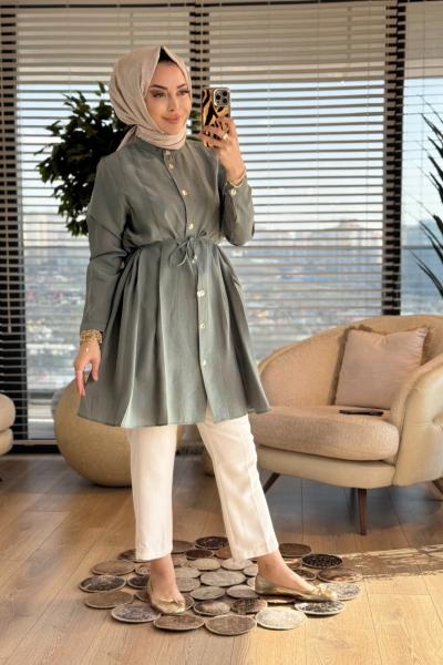 4475 Ön Dikiş Pile Detaylı Tunik Yeşil