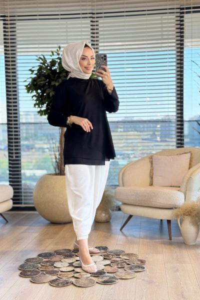 455 Eteği Şifon Garnili Bluz Siyah