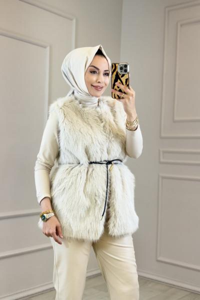 4604 Kürk Kemerli Yelek Bej