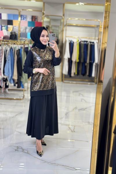 476 Ön Varak Payetli Yandan Düğmeli Etekli Takım Siyah Gold