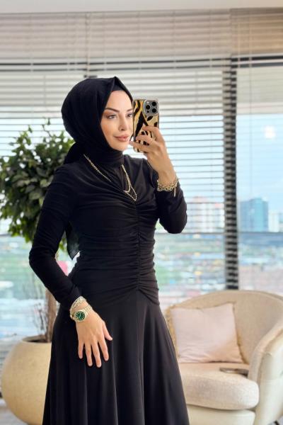 5184 Önü Drapeli Elbise Siyah
