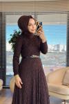 5280 Dantel Kemerli Elbise Kahve