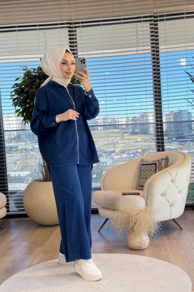 5398 Tencel Ön Fermuarlı Kapşonlu Takım Lacivert