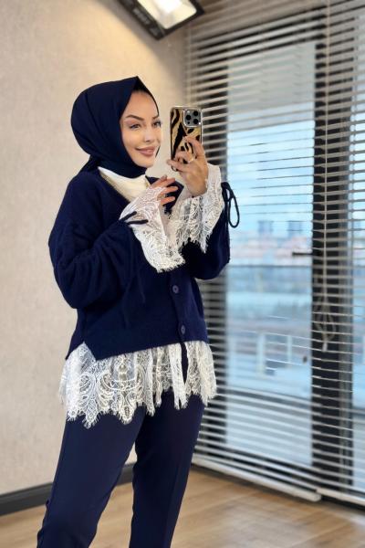 5402 Kolları Büzgülü Dantel Detaylı Hırka Lacivert