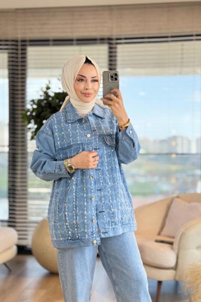 5446 Kare Saçak Üstü Taş İşlemeli Kot Ceket Mavi