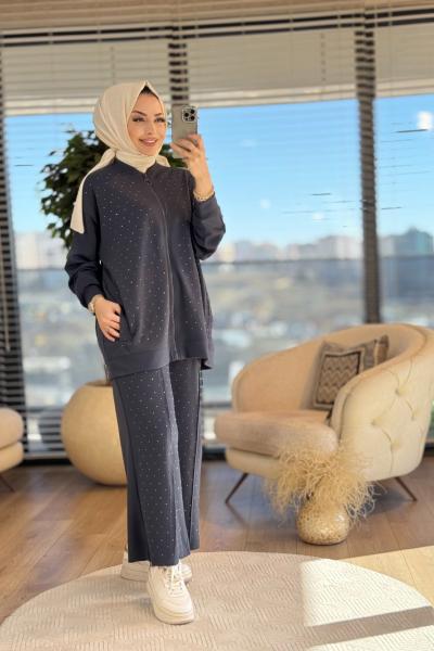 5505 Ön Ve Pantolon Serpme Taşlı Fermuarlı Takım Antrasit