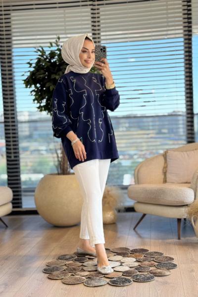 5521 Önü Kolu Çubuk Boncuk İşli Tunik Lacivert