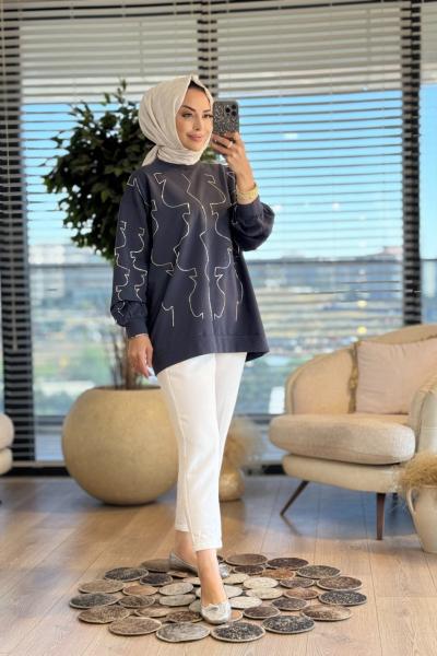 5521 Önü Kolu Çubuk Boncuk İşli Tunik Füme